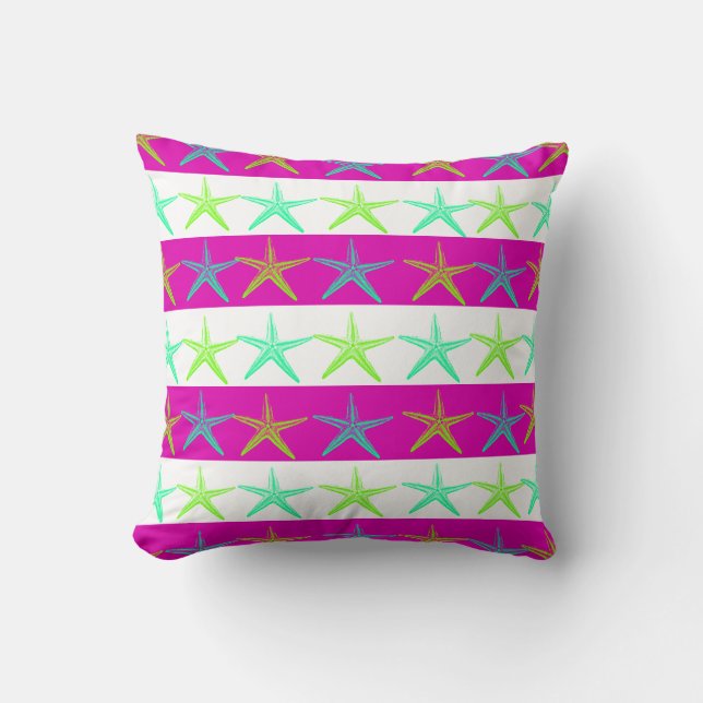 Summer Beach Theme Starfish on Purple Stripes Cushion (Front)
