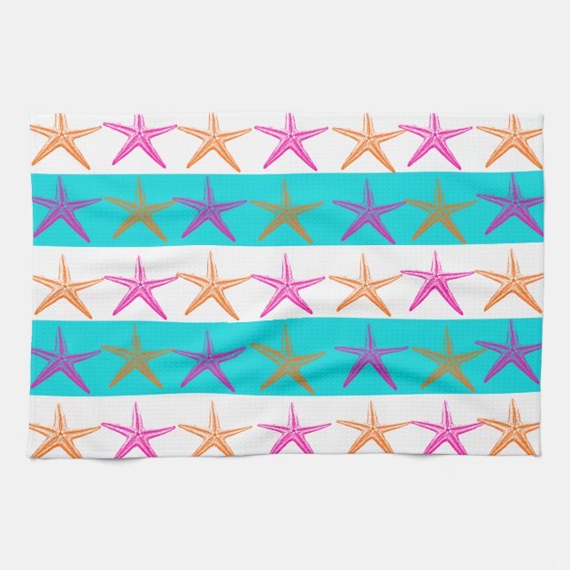 Summer Beach Theme Starfish on Teal Stripes Tea Towel (Horizontal)