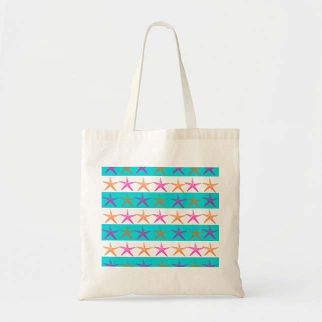 Summer Beach Theme Starfish on Teal Stripes Tote Bag (Front)