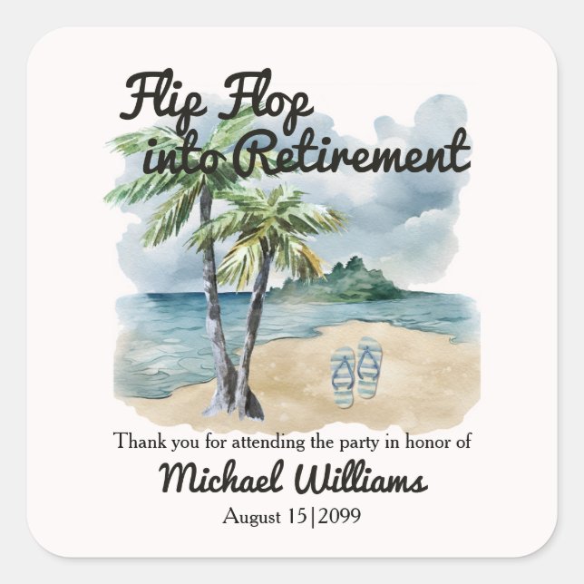 Summer Beach Themed Flip Flop Retirement Party Square Sticker (Front)