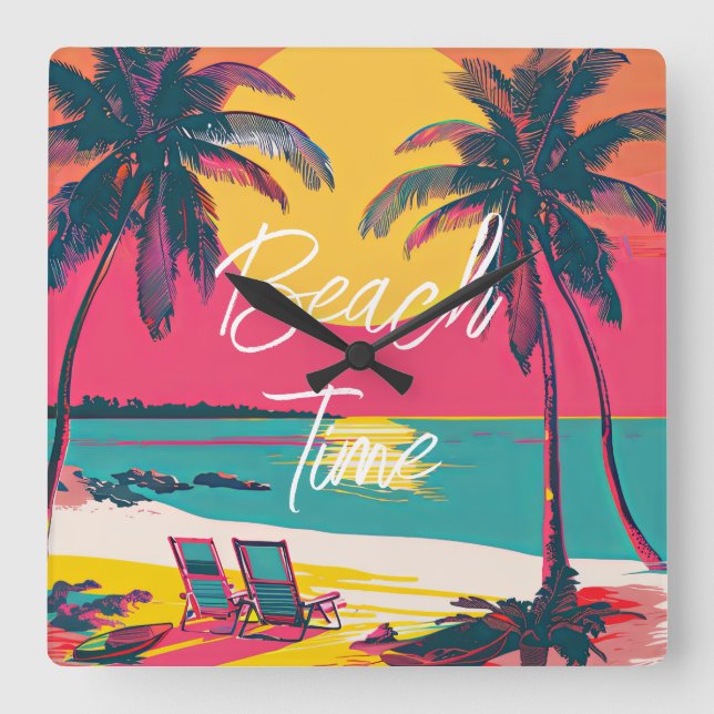 Summer Beach Time Retro Surfer Palm Trees Sunset Square Wall Clock (Front)