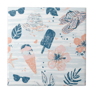 Summer Beach Tropical Blue Coral Striped  Ceramic Tile