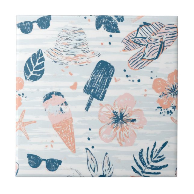 Summer Beach Tropical Blue Coral Striped  Ceramic Tile (Front)