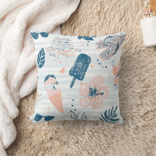 Summer Beach Tropical Blue Coral Striped Cushion