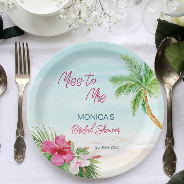 Summer beach tropical bridal shower printed paper plate (Summer beach tropical bridal shower printed paper plates personalized tableware pink hibiscus palms)