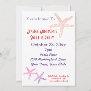 Summer Beach Tropical Starfish Sweet 16 Birthday Invitation