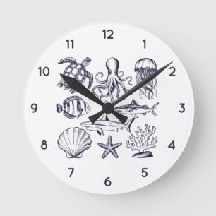  Summer beach turtle Fish Shark Octopus Seashell   Round Clock
