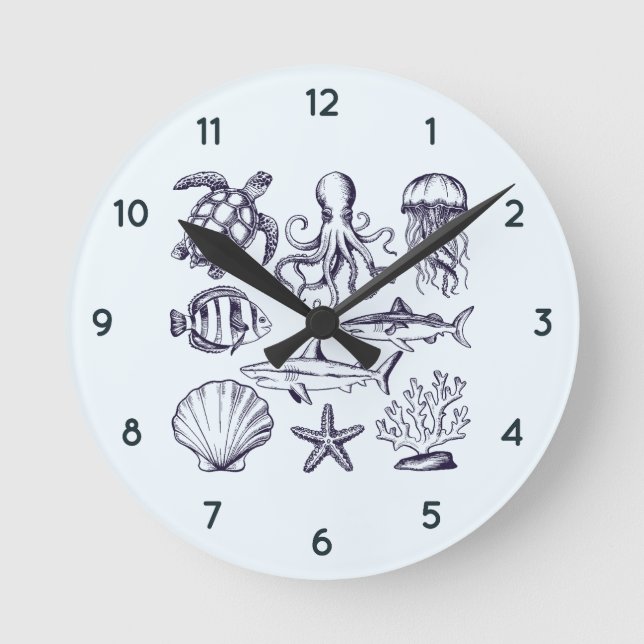  Summer beach turtle Fish Shark Octopus Seashell   Round Clock (Front)
