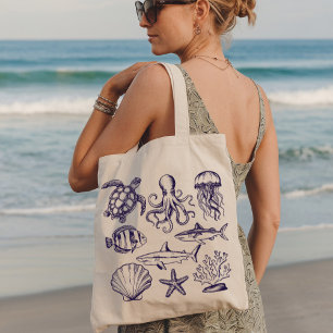  Summer beach turtle Fish Shark Octopus Seashell   Tote Bag