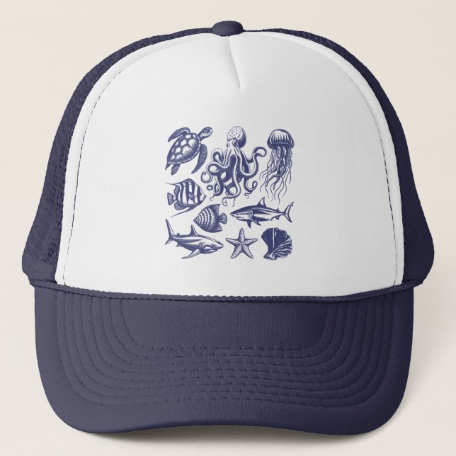  Summer beach turtle Fish Shark Octopus Seashell   Trucker Hat (Front)