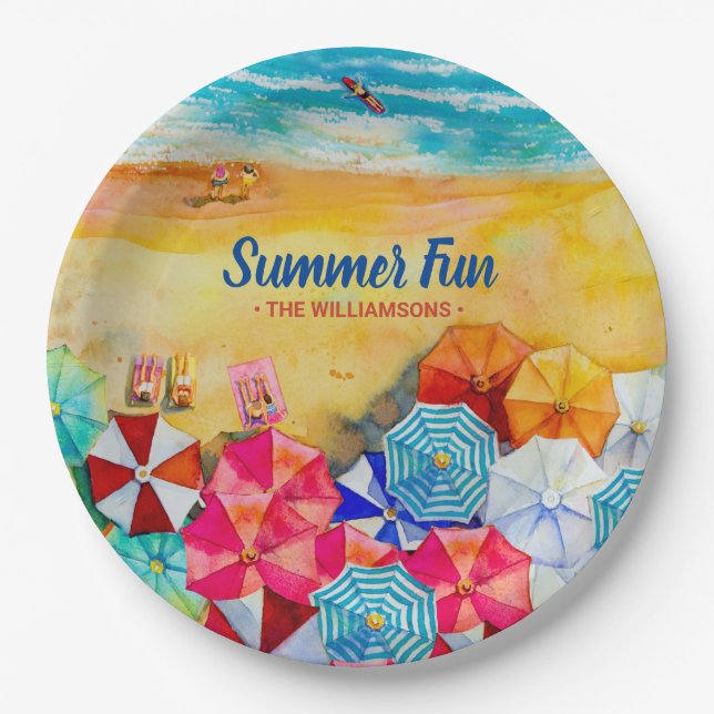 Summer Beach Umbrellas on the Sand Paper Plate (Front)