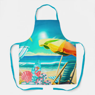 Summer beach umbrellas, surfboard, and tree apron