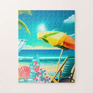 Summer beach umbrellas, surfboard, and tree jigsaw puzzle