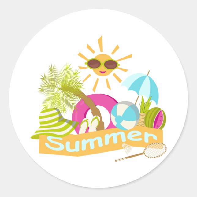 Summer beach vacation smiling sun in sunglasses  classic round sticker (Front)