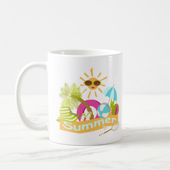 Summer beach vacation smiling sun in sunglasses  coffee mug (Left)