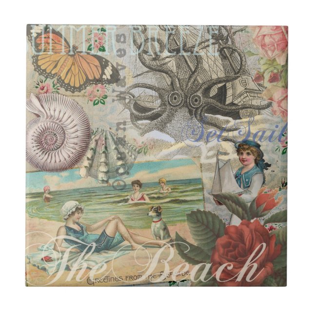 summer beach vintage octopus antique sailing tile (Front)