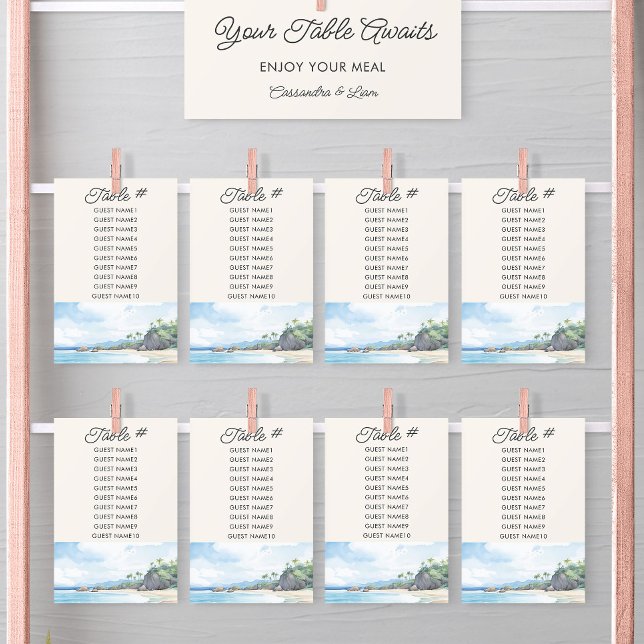 Summer Beach Watercolor Wedding Table Seating Card (Wedding Table Seating Chart Cards from the Summer Beach Wedding Collection by Darling & May)