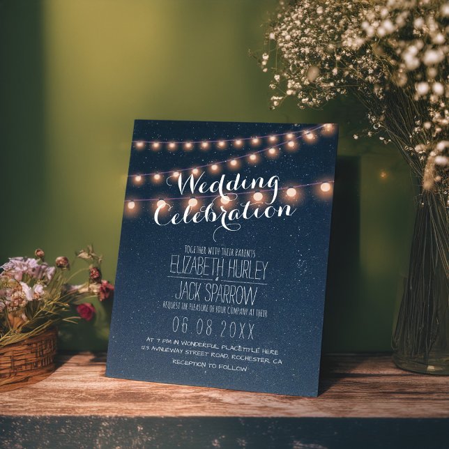 Summer Beach Wedding Starry Night and String Light Invitation (Creator Uploaded)