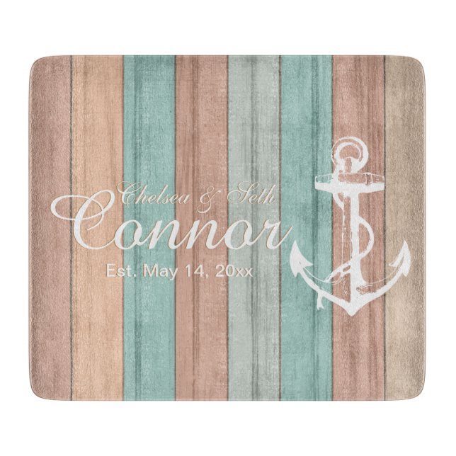 Summer Beach Wood Nautical Stripes & Anchor Cutting Board (Front)