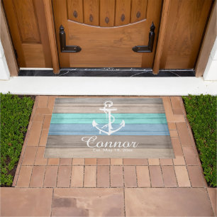 Summer Beach Wood Nautical Stripes Doormat