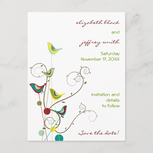 Summer Birds And Swirls Save The Date Postcard (Front)