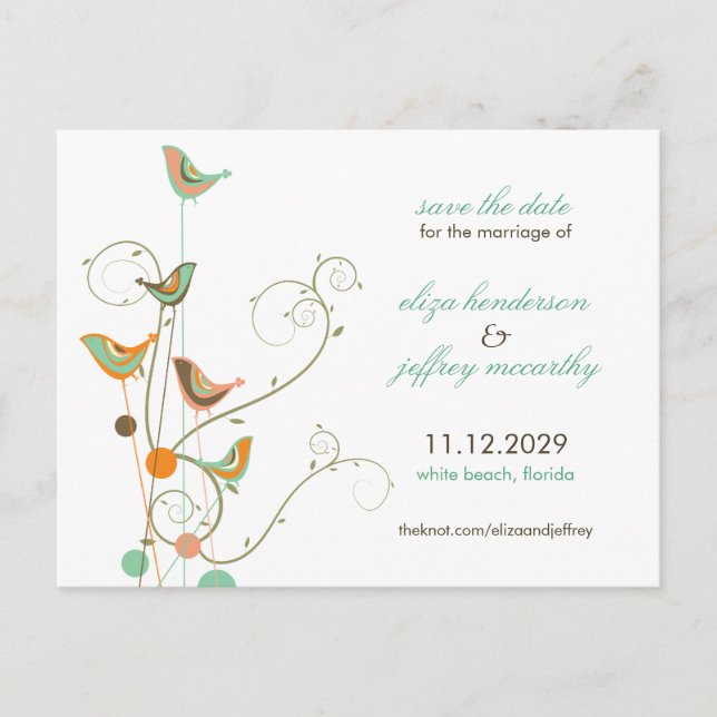 Summer Birds and Swirls Save The Date Postcard (Front)