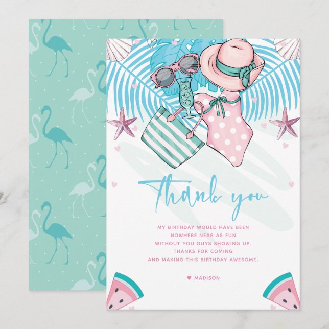 Summer Birthday Party Cute Pink Turquoise  Thank You Card (Front/Back)