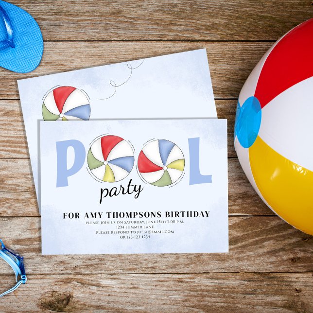 Summer Birthday Pool Party Beach Balls  Invitation (Pool party beach balls invitations)