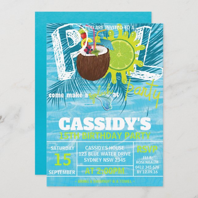 Summer Birthday Pool Party coconut Invitation (Front/Back)