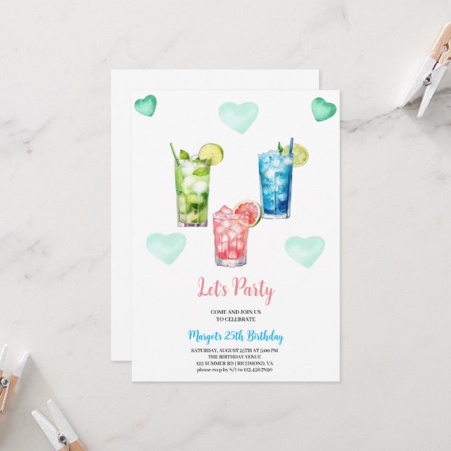 summer birthday tropical cocktails party  invitation (Front/Back In Situ)