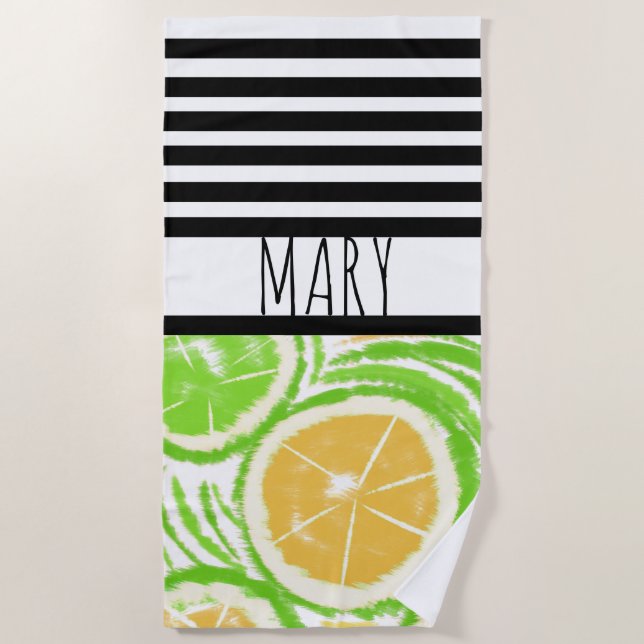 Summer Black Stripes Lemon Abstract Beach Towel (Front)