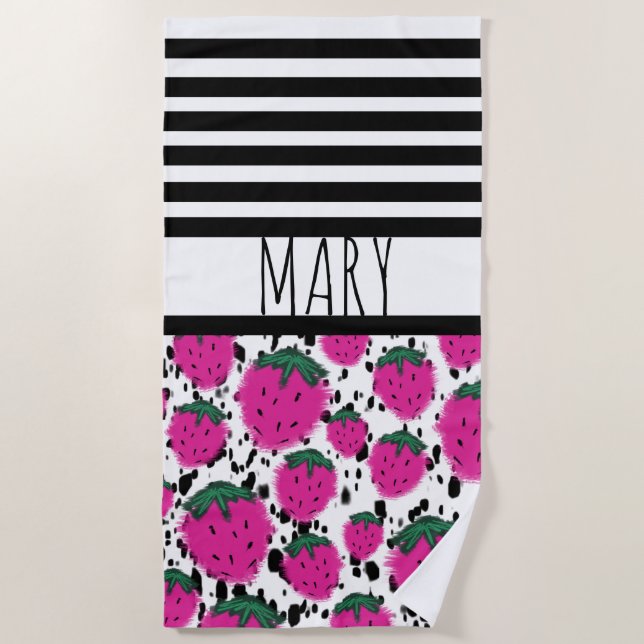 Summer Black Stripes Strawberries Abstract Beach Towel (Front)