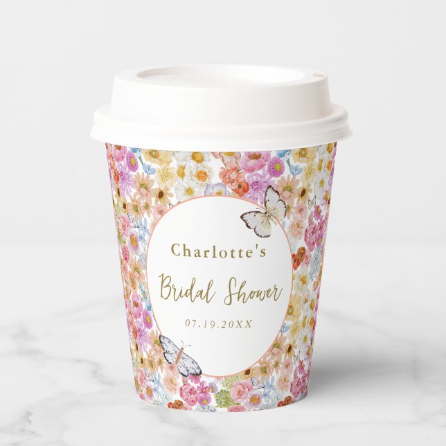 Summer Bloom Floral Butterfly Bridal Shower Custom Paper Cups (Front)