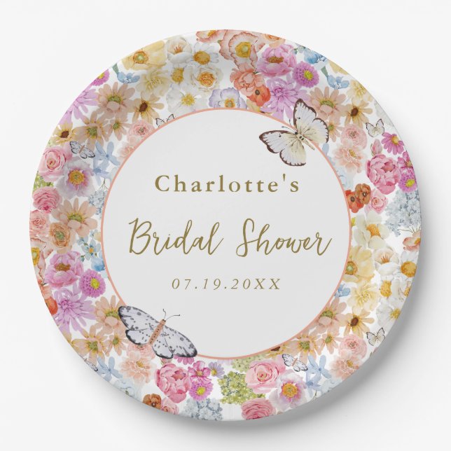 Summer Bloom Floral Butterfly Bridal Shower Custom Paper Plate (Front)