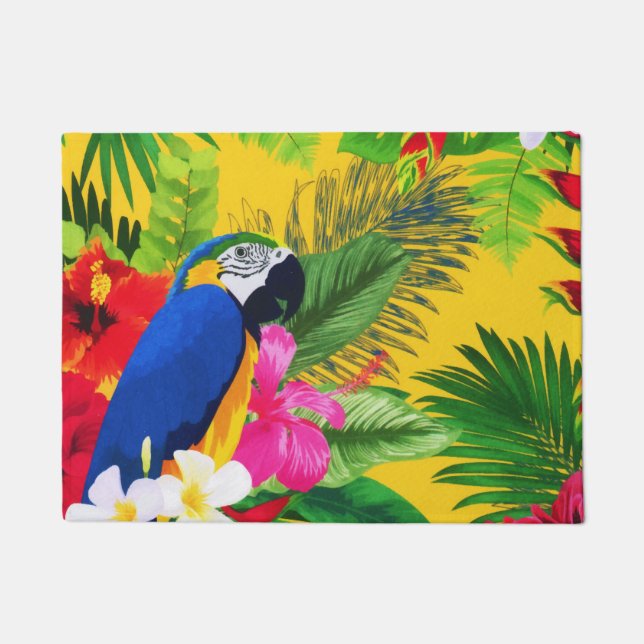 Summer Bloom Tropical Toucan Leaves Watercolor Doormat (Front)