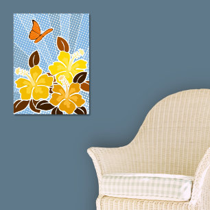 Summer Blooming Yellow Hibiscus Butterfly Blue Sky Poster