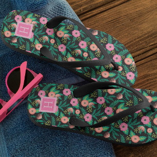 Summer Blooms Pink Floral Monogram Thongs