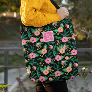 Summer Blooms Pink Floral Monogram Tote Bag