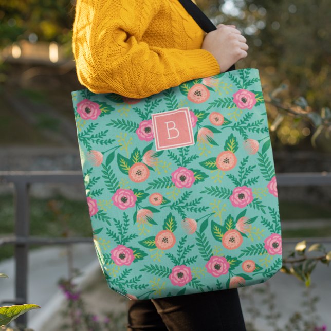 Summer Blooms | Tropical Floral Monogram Tote Bag (Creator Uploaded)