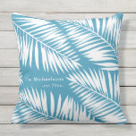 Summer Blue and White Palms with Name and Year Cushion<br><div class="desc">This chic summer design features white palm leaves on a pretty aqua blue background,  and includes your family name and est year.</div>