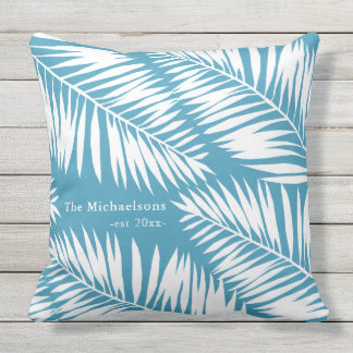 Summer Blue and White Palms with Name and Year Cushion