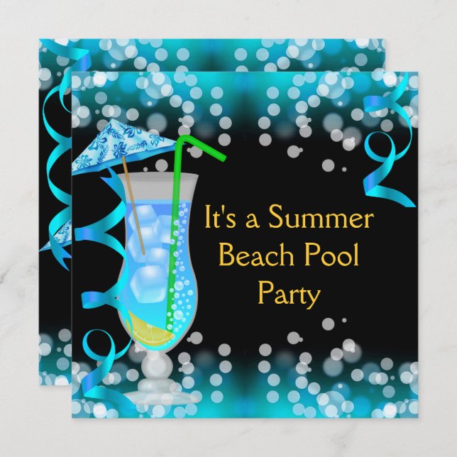 Summer Blue Cocktail Beach Pool Party Invitation (Front/Back)