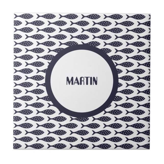 Summer Blue Fish Illustration Ceramic Tile (Front)