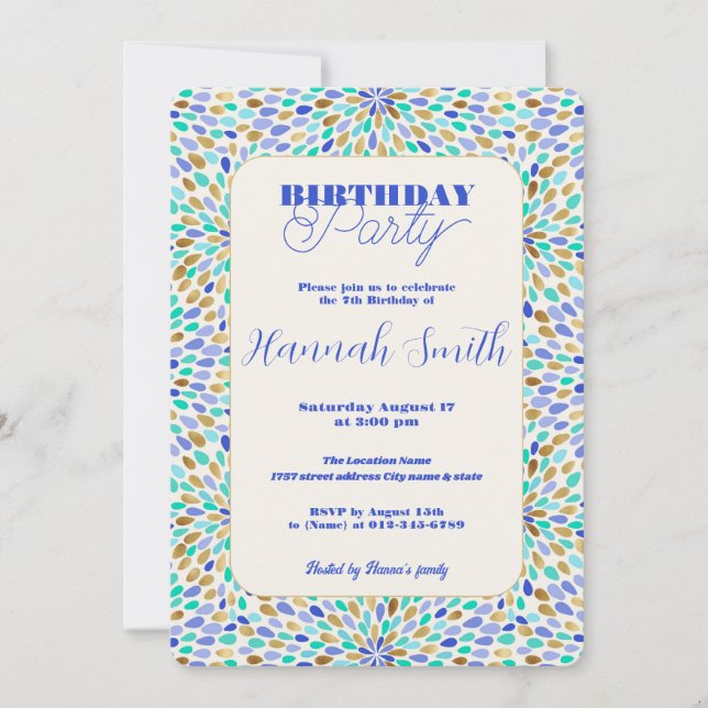 Summer Blue Gold Flower Burst  Invitation (Front)