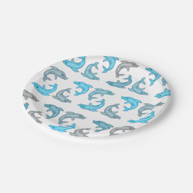 Summer Blue Grey Cute Dolphins Illustrations Paper Plate (Angled)