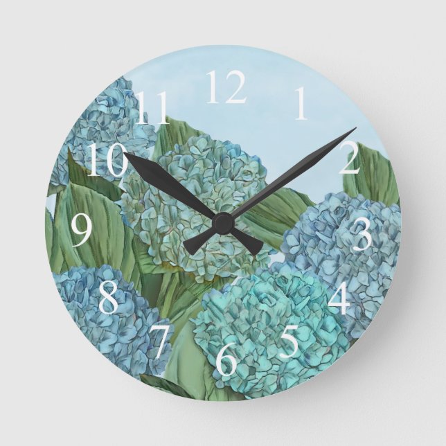 Summer Blue Hydrangea Bouquet Round Clock (Front)