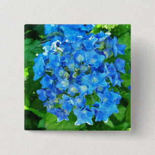 summer blue hydrangea flowers and its green leaves 15 cm square badge