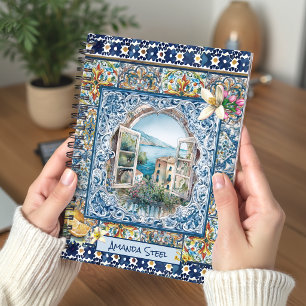 Summer Blue Italian Floral Tiles Citrus Monogram Notebook