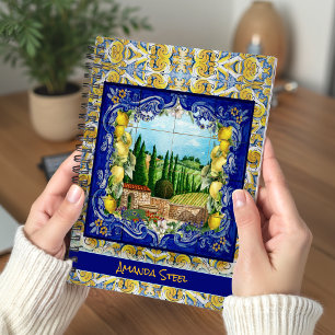 Summer Blue Majolica Tile Citrus Monogram Notebook