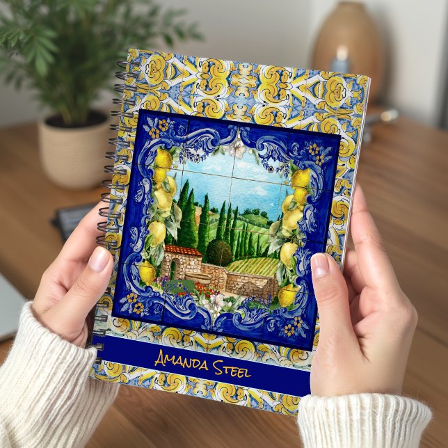 Summer Blue Majolica Tile Citrus Monogram Notebook (Creator Uploaded)